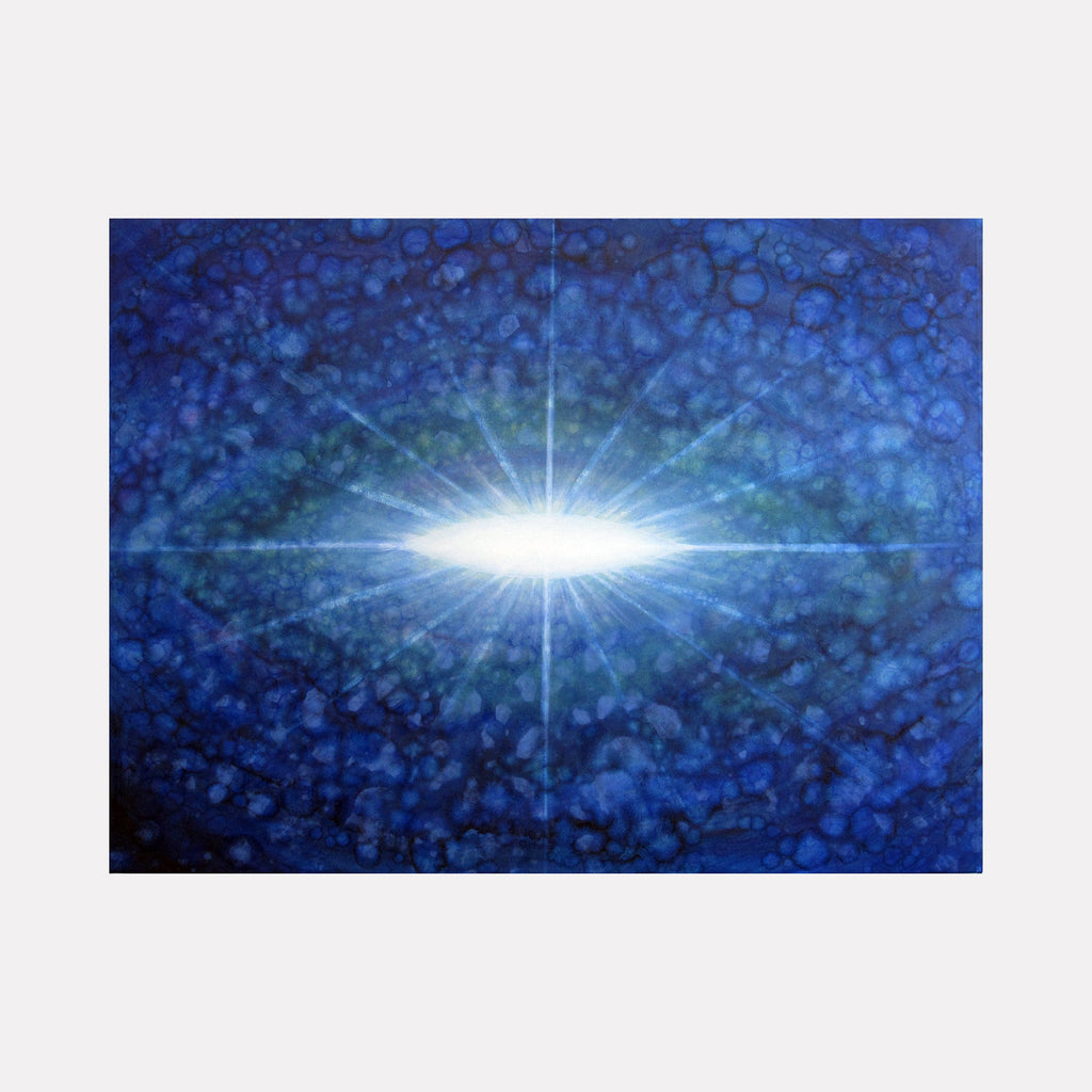 The artwork "Moon #1" by Sonomi Kobayashi features a luminous, radiant white center that emits light rays across a textured, deep blue background filled with bubble-like circular patterns. The style evokes elements of abstract expressionism and cosmic themes, reminiscent of works by artists like Mark Rothko and Yayoi Kusama.