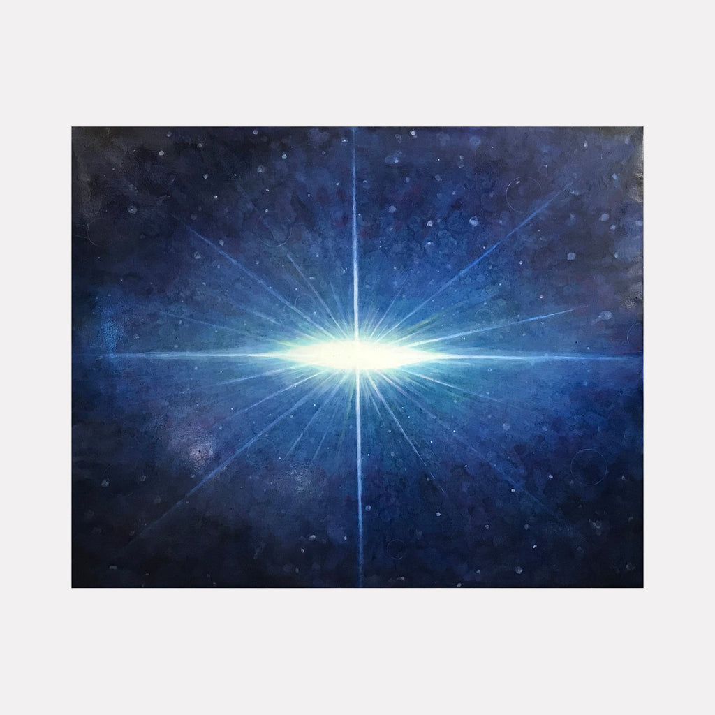 The artwork "Moon #2" by Sonomi Kobayashi features a radiant, glowing white light at the center, emitting sharp, star-like beams across a deep blue and black textured background that evokes a cosmic or celestial atmosphere. The painting's ethereal style and luminous focus are reminiscent of works by Georgia O'Keeffe and the abstract luminosity found in Vija Celmins' night sky pieces.
