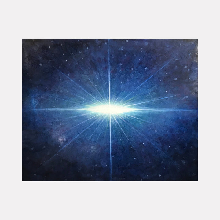 The artwork "Moon #2" by Sonomi Kobayashi features a radiant, glowing white light at the center, emitting sharp, star-like beams across a deep blue and black textured background that evokes a cosmic or celestial atmosphere. The painting's ethereal style and luminous focus are reminiscent of works by Georgia O'Keeffe and the abstract luminosity found in Vija Celmins' night sky pieces.