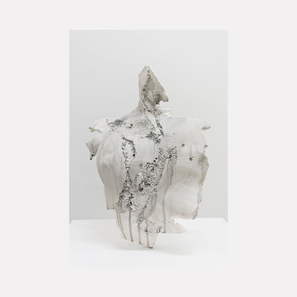 The artwork "Torso Of A Woman" by Sophie Kahn features a fragmented black and white sculpture of a female torso with textured surfaces and delicate, eroded edges. The piece’s abstract, weathered form evokes the expressive techniques of Alberto Giacometti and the deconstructed aesthetics reminiscent of Louise Bourgeois’s sculptures.