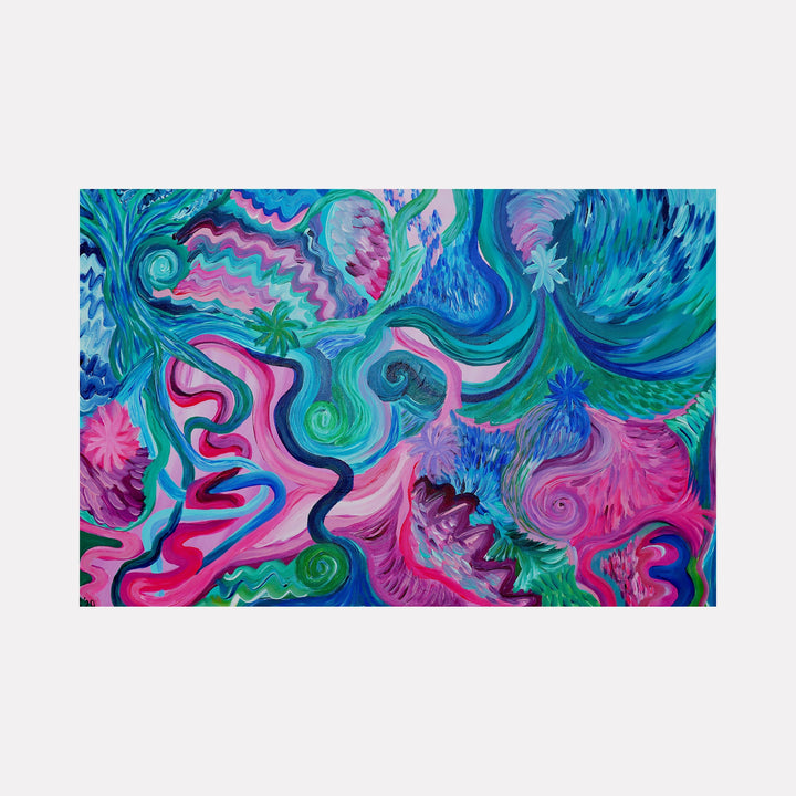 The artwork "Soul Entanglement" features an abstract composition with flowing, intertwined shapes in vibrant shades of blue, pink, green, and purple. The acrylic painting showcases swirling textures and dynamic brushstrokes that create a sense of movement and connection. Height 24 in. x Width 36 in. by Kim Rosebud.