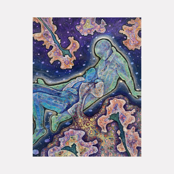 The artwork "Soul Love" features two intertwined abstract human figures rendered in swirling blues, purples, and greens, surrounded by organic, coral-like shapes in warm pinks and oranges against a dark, starry background, creating a cosmic and ethereal atmosphere. The textures appear fluid and layered, evoking deep connection and unity. Laurie Shapiro.