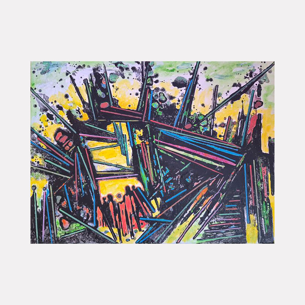 The artwork "South Station" by James Ehling features an abstract composition with bold geometric shapes and dynamic intersecting lines in black, accented with vibrant yellow, green, blue, and red hues. The layered textures and energetic splatters evoke the urban, fragmented style reminiscent of Franz Kline and early abstract expressionism.