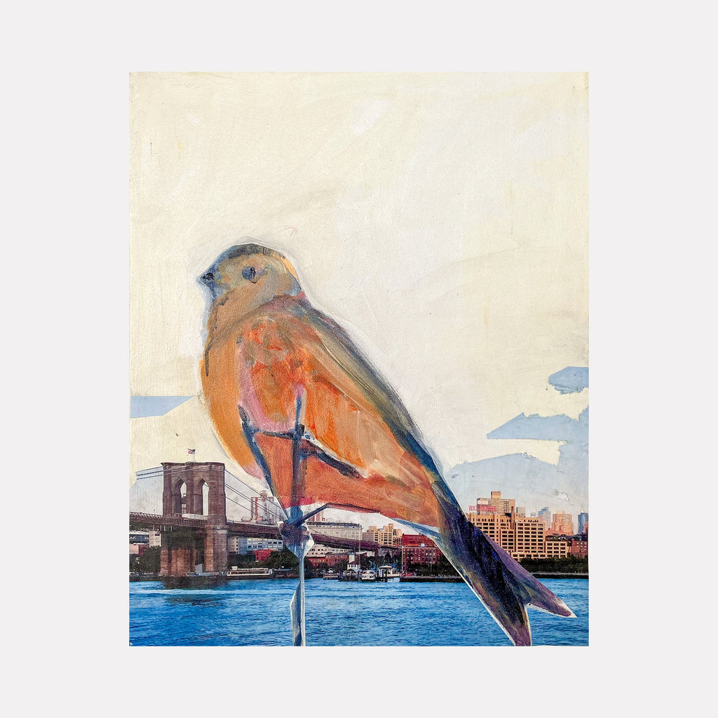 The artwork "Sparrow" by Chris Baily features a large, painterly bird rendered in warm orange and muted brown tones, perched against a soft, neutral sky with textured brushstrokes. The background showcases a detailed urban waterfront scene with a classic bridge and city skyline, blending realism and abstraction reminiscent of Edward Hopper and David Hockney.