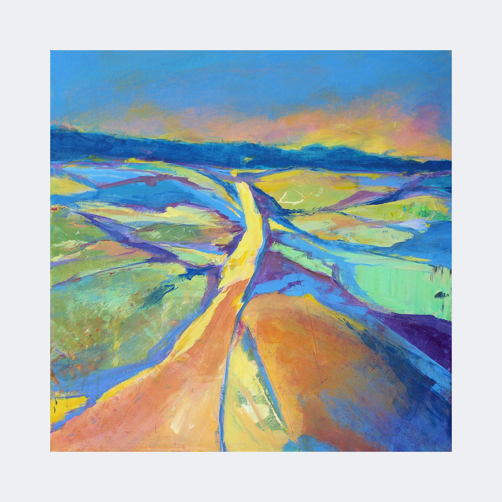 The artwork "Spectral Journey" by Carla Forrest features an abstract landscape with vibrant, sweeping brushstrokes in blues, yellows, purples, and oranges. The composition resembles a dynamic pathway or river cutting through fragmented fields, evoking styles similar to the vivid color layering of Vincent van Gogh and the abstract expressionism of Helen Frankenthaler.