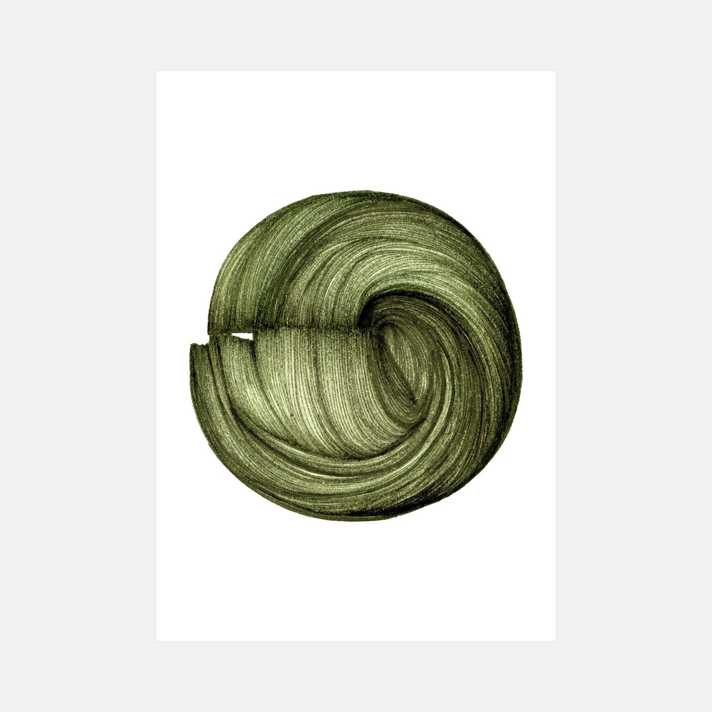 The artwork "Sphere" by Alina Glotova features a minimalist abstract composition with a textured, swirling green form resembling a coiled brushstroke against a clean white background. The smooth, organic curves evoke a sense of calm and motion, reminiscent of the subtle abstractions in works by Agnes Martin and Ellsworth Kelly.