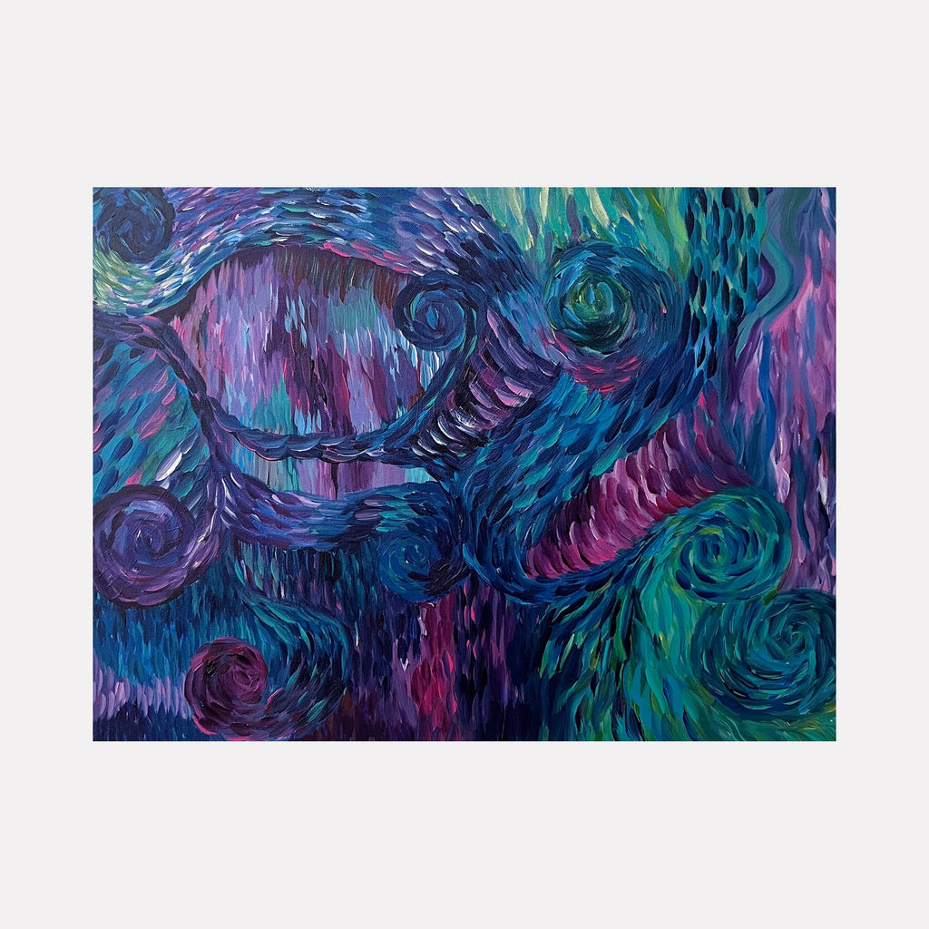 The artwork "Spiraling Out" features dynamic swirling shapes and spirals in a vibrant blend of blues, purples, and greens with textured acrylic brushstrokes creating a sense of movement and depth. The 18 by 24 inch piece showcases an abstract, fluid style. Created by Kim Rosebud.