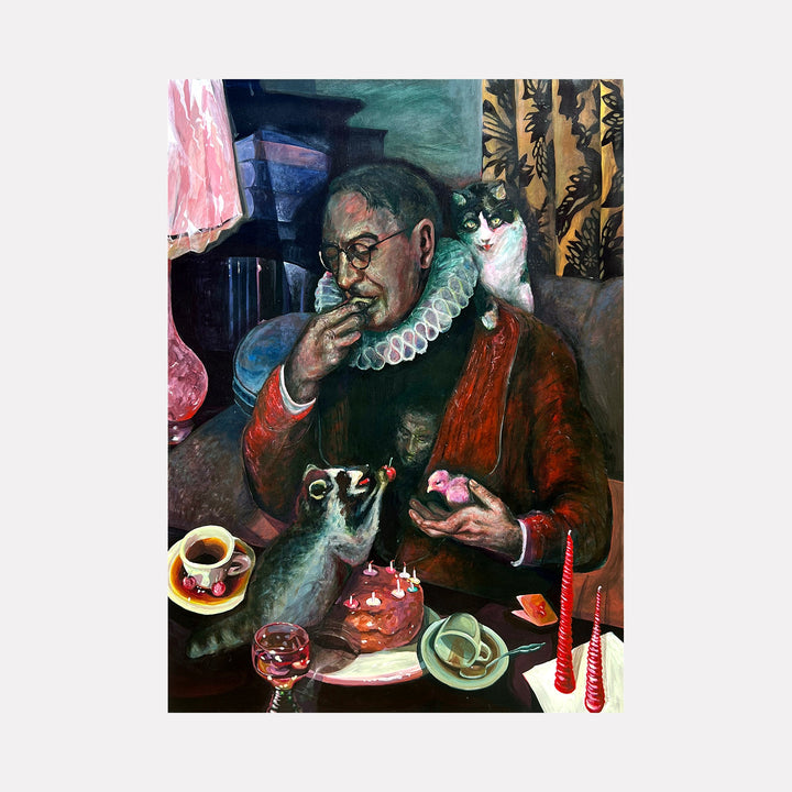 The artwork "The Spirit of Celebration" by Griffin Cordell features a richly detailed scene of a man in a red robe with a white ruffled collar, surrounded by a raccoon and a cat, a birthday cake with lit candles, and warm interior elements. The painting combines realistic textures with whimsical narrative touches, evoking the intimate storytelling and psychological depth reminiscent of works by Edward Hopper and Norman Rockwell.