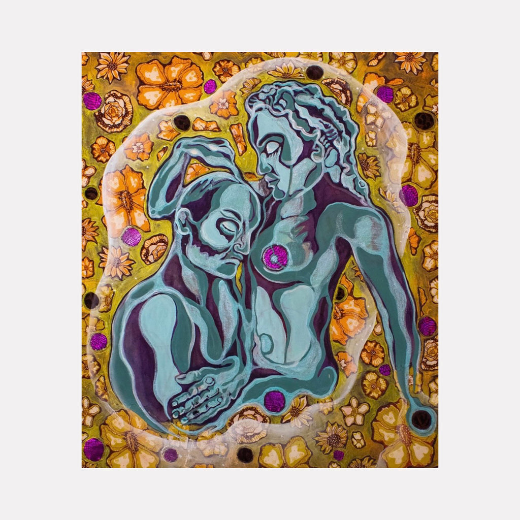 The artwork "Spirits in Love" depicts two intertwined abstract figures with flowing lines and shades of blue and teal, set against a textured golden background adorned with floral motifs in yellow, orange, and purple. The style combines surrealism and expressionism, highlighting emotional connection. Laurie Shapiro.