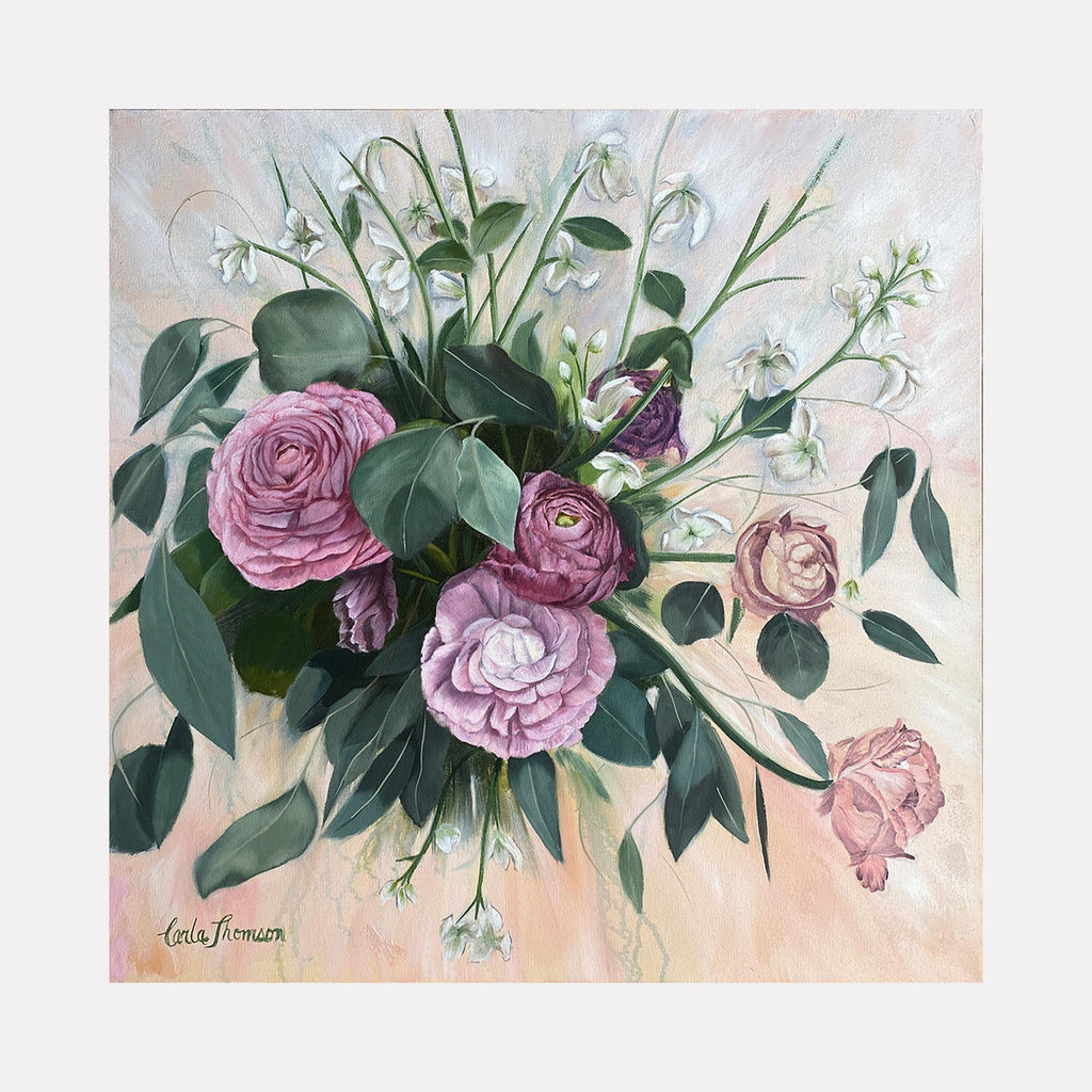 The artwork "Spring Flowers" by Carla Thomson features a delicate bouquet of pink and lavender ranunculus flowers interspersed with white blossoms and elongated green leaves. The soft pastel background and realistic yet slightly impressionistic style evoke the refined floral compositions of Mary Cassatt and the gentle brushwork reminiscent of Pierre-Auguste Renoir.