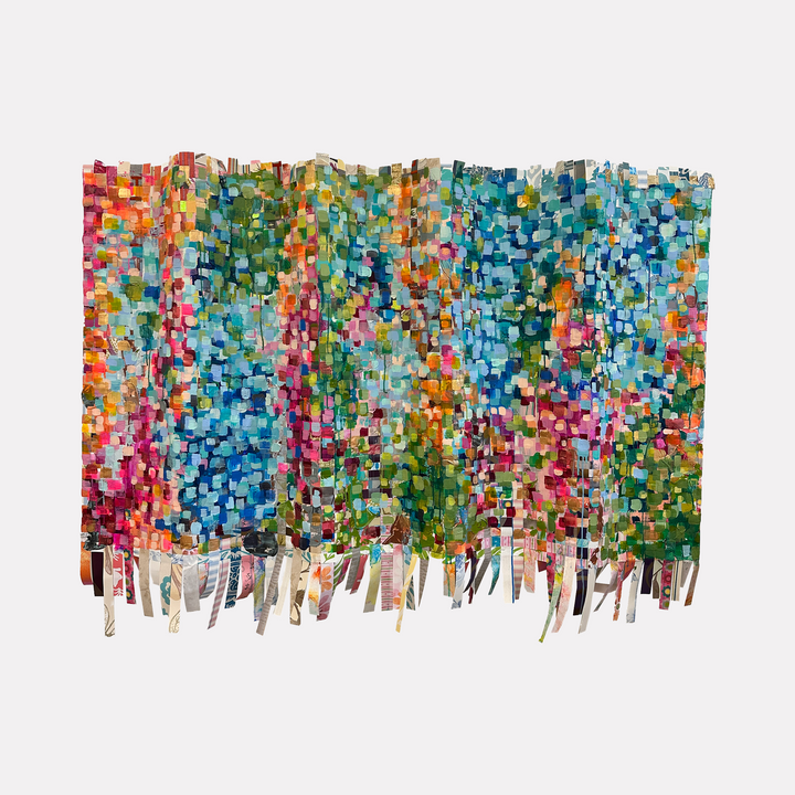 Spring is Around the Corner by Shiri Phillips captures a vibrant tapestry of overlapping, brushstroke-like mosaic squares in lively blues, greens, pinks, and warm hues. The dynamic, textured layers evoke a sense of renewal and energy, blending organic movement with a cheerful, contemporary abstract expression.