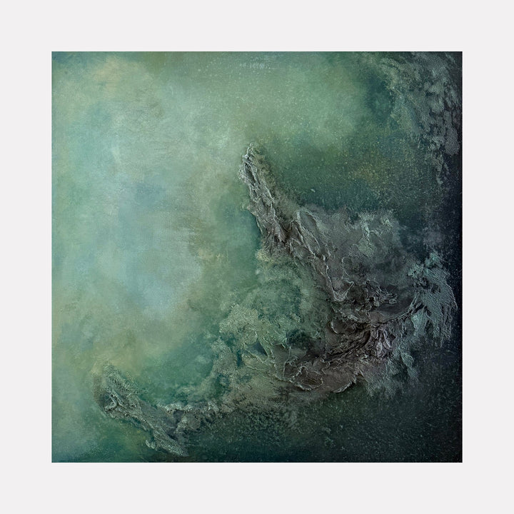 The artwork "Emerald Drift" by Abbey Stace features a textured abstract composition dominated by swirling shades of deep green and soft blue, with layered, organic forms that suggest underwater currents or mossy landscapes. The tactile surface and atmospheric depth recall the abstract expressionism of Helen Frankenthaler and the natural abstractions of Agnes Pelton.