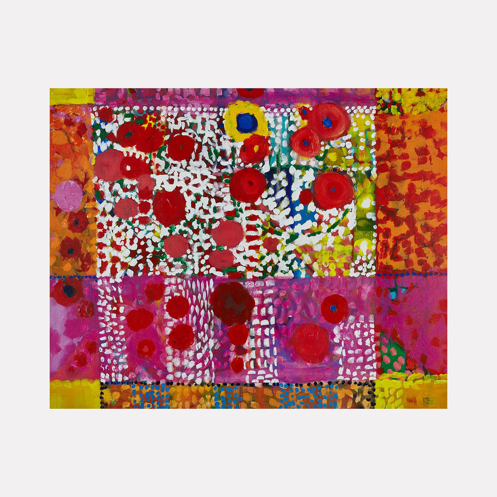 The artwork "Star Light" by Lisa Warren features a vibrant abstract composition of overlapping red circular shapes set against a textured patchwork background of pink, orange, yellow, green, and blue hues. The dynamic layering and rhythmic patterns evoke the playful abstraction of Joan Mitchell and the organic color fields of Helen Frankenthaler.