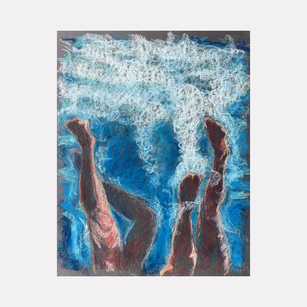 The artwork "Status Quo" by Jo Carol Mitchell-Rogers depicts two human legs submerged in swirling blue and white textures reminiscent of water or clouds. The piece features dynamic brushstrokes and layered colors, evoking the impressionistic energy of artists like Edgar Degas and the modern abstract fluidity seen in works by Helen Frankenthaler.