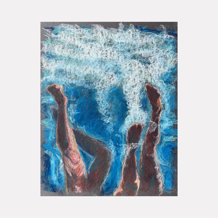 The artwork "Status Quo" by Jo Carol Mitchell-Rogers depicts two human legs submerged in swirling blue and white textures reminiscent of water or clouds. The piece features dynamic brushstrokes and layered colors, evoking the impressionistic energy of artists like Edgar Degas and the modern abstract fluidity seen in works by Helen Frankenthaler.
