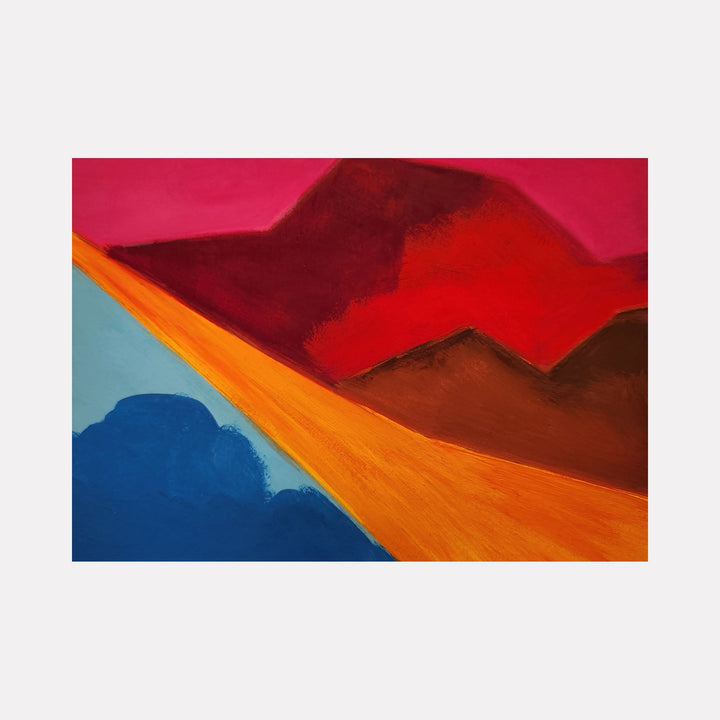 The artwork 'Steady Now!' features bold geometric mountains in vibrant colors, with deep burgundy and red peaks against a magenta sky, complemented by a striking orange diagonal slope and rich blue formation below. Created with acrylic gouache on cotton paper by Joanie Flickinger.