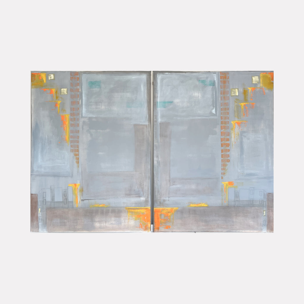 Step Lightly by Cora Jane Glasser features a subtle abstract composition in soft grays and muted browns accented with bright touches of yellow and orange, creating a calm yet dynamic atmosphere in this contemporary art piece.