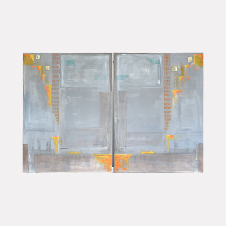 Step Lightly by Cora Jane Glasser features a subtle abstract composition in soft grays and muted browns accented with bright touches of yellow and orange, creating a calm yet dynamic atmosphere in this contemporary art piece.
