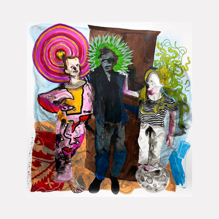 The artwork 'Steppin' Out as Hyenas and Medusas' depicts three figures in a surreal mixed-media composition. A figure in pink with spiral motif, another with green spiked halo effect, and a third in striped shirt with swirling green elements. Vibrant colors include pink, green, yellow against blue background. Mixed media artwork with distinctive brush strokes on synthetic paper. By Monica Carrier.