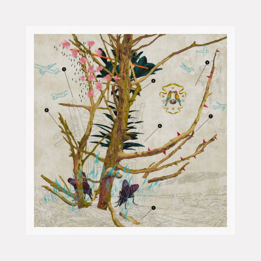 The artwork "The Bee Eaters" features intricate branches with thorns and pink blossoms set against a muted beige background. The piece includes abstract shapes resembling bees, butterflies, and airplanes, with fine detailed textures and surreal elements evocative of Salvador Dalí’s and Joan Miró’s styles. Presented by Steve Moors.