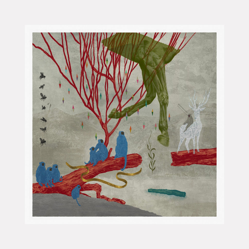 The artwork "The Farewell" features an abstract composition with a muted gray background and vibrant red branches extending upward. Blue monkey-like figures sit on red branches, accompanied by a yellow snake and black insect silhouettes. A translucent green human leg hangs from above, while a white, textured deer stands on another branch. The style evokes surrealist influences reminiscent of Salvador Dalí and Joan Miró. Product by Steve Moors.