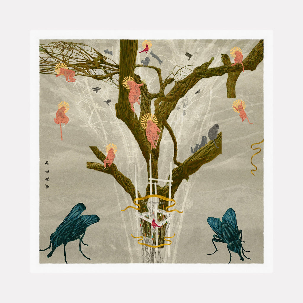 The artwork "The Gift" features a surreal tree with dark brown twisted branches and pink monkeys with golden halos perched throughout. Two large blue flies stand at the base, while a coiled yellow snake appears on the right. The background resembles muted gray clouds with fine texture, evoking a style similar to surrealists like Salvador Dalí. Steve Moors.