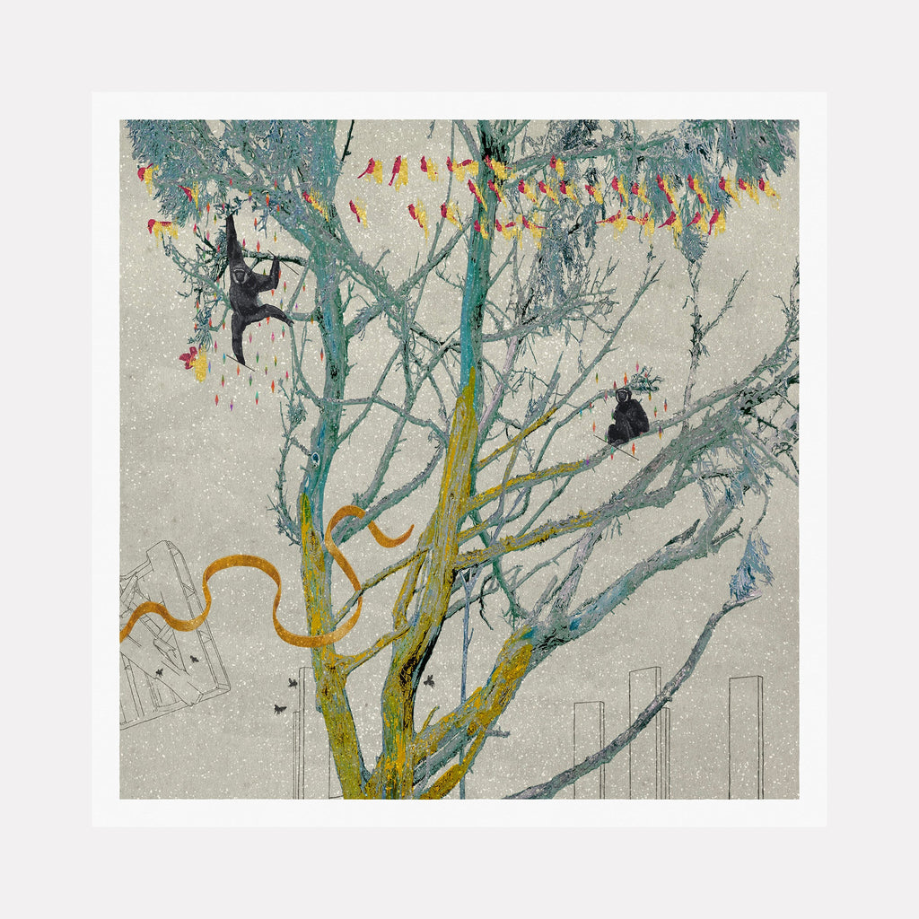 The artwork "The Laughing Tree" features a delicate, abstract tree with textured blue and yellow branches intertwined with flowing orange ribbons. The piece includes dark silhouetted animals and scattered geometric shapes against a muted gray background, evoking styles similar to those of Paul Klee and Joan Miró. By Steve Moors.
