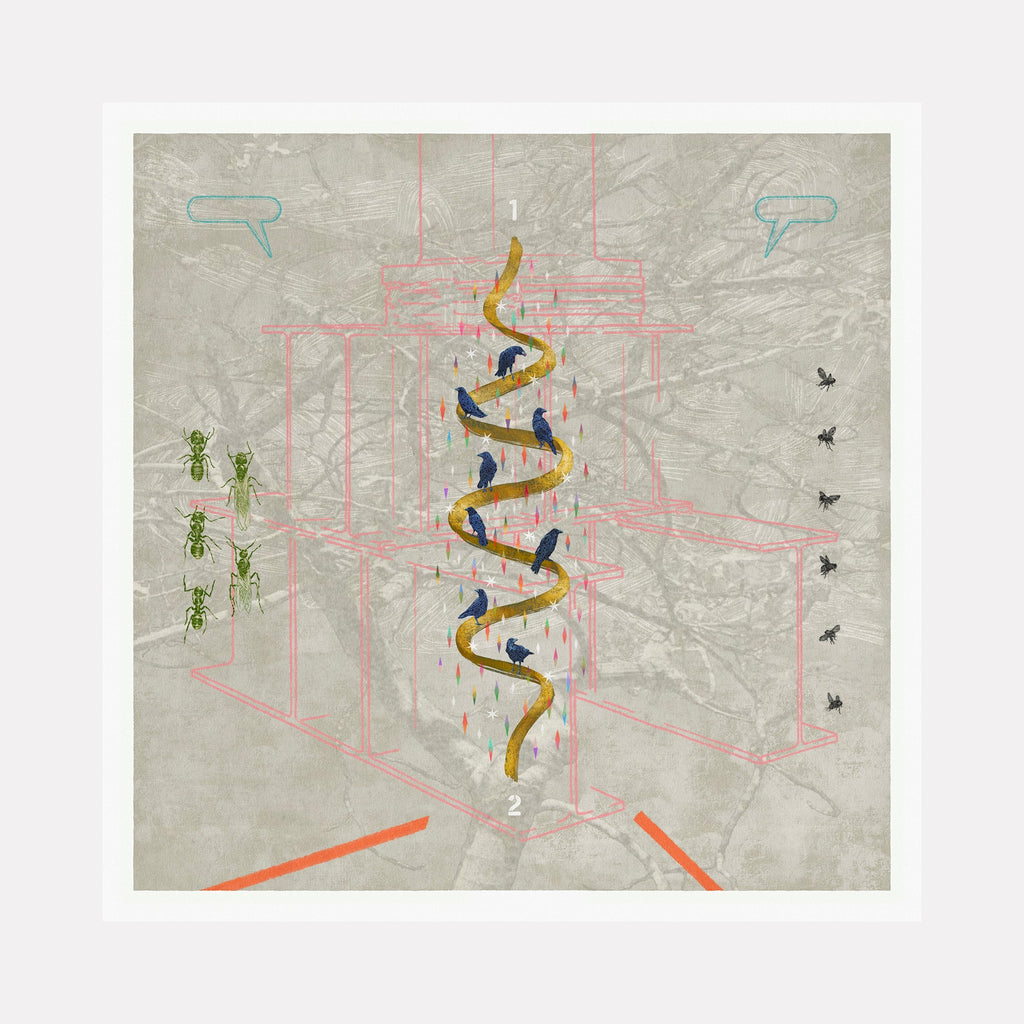 The artwork "The Oblique Perspective" features a surreal composition with a faint architectural outline in pink against a textured gray background. A golden spiral, resembling a serpent, winds vertically with perched black and blue birds. Green ants and small black insects flank the structure, adding organic contrast reminiscent of René Magritte’s surrealism and M.C. Escher’s geometric illusions. By Steve Moors.