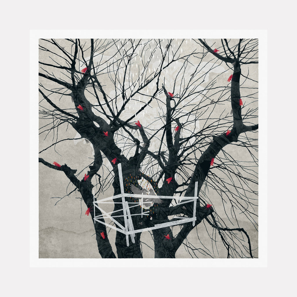 The artwork "The Reluctant Witness" features a striking image of leafless black tree branches set against a muted gray background, with small, vivid red birds perched throughout, creating a stark contrast. White geometric shapes intersect the branches, adding a modern, abstract element reminiscent of Picasso’s Cubism. By Steve Moors.