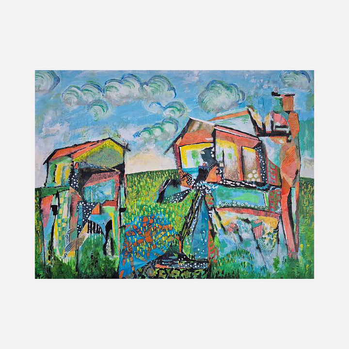 The artwork "Stone Bridge Farm" by James Ehling features an abstract rural scene with fragmented house forms rendered in vibrant blues, greens, and warm oranges against a textured landscape. The dynamic brushwork and geometric shapes evoke the expressive abstraction of Paul Klee and the bold color contrasts reminiscent of early Cubist compositions.