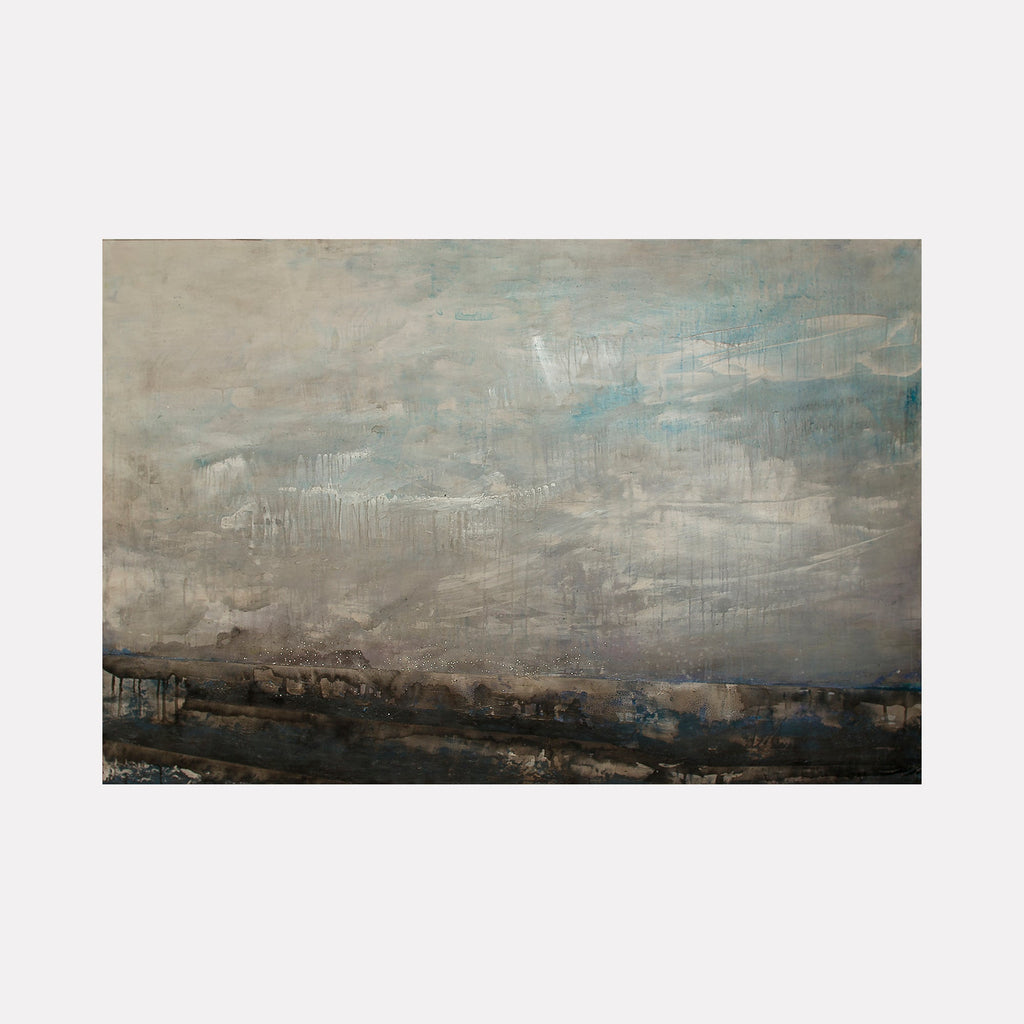 The artwork "Storming" by Deborah Chaney features an abstract landscape with muted tones of gray, blue, and brown, evoking a moody, atmospheric sky. Textured brushstrokes and layered washes create depth and movement reminiscent of works by J.M.W. Turner and Mark Rothko, blending impressionistic and abstract expressionist styles.