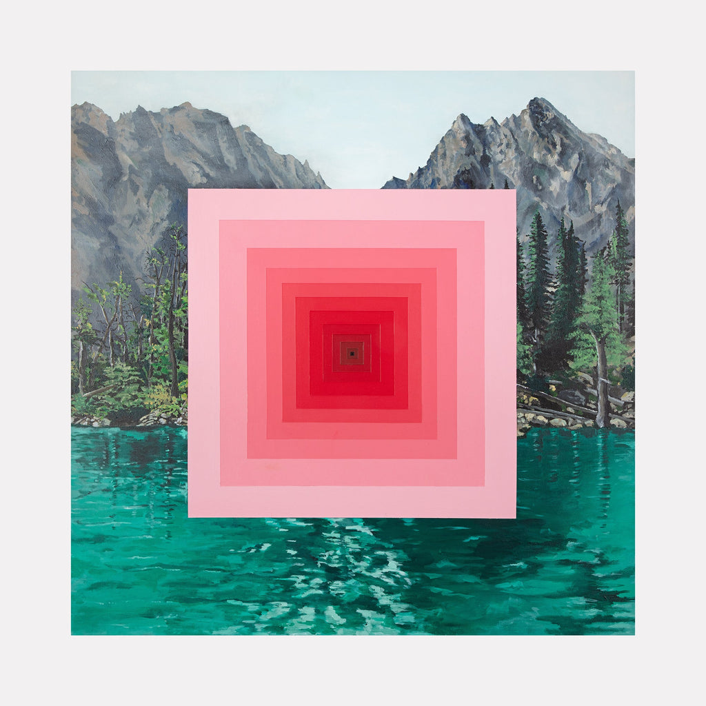 The artwork "Strange Waters" features a realistic mountain landscape with jagged grey peaks and dense green pine trees surrounding a vibrant turquoise lake. At the center is a bold, geometric square with layered shades of pink and red creating a tunnel-like optical illusion. The contrast between natural scenery and abstract shapes defines this piece by Adam Anglin.