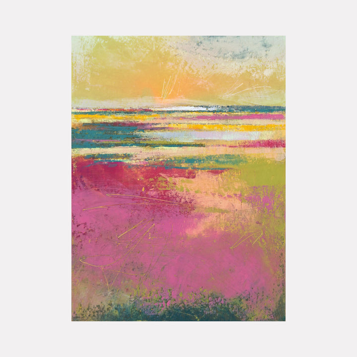 Strawberry Daiquiri by Victoria Primicias features an abstract landscape with vibrant layers of pinks, greens, and golden yellows blending into soft blues and purples. The textured composition suggests a serene, sunlit scene that captures a lively yet peaceful atmosphere with its harmonious mix of warm and cool tones.