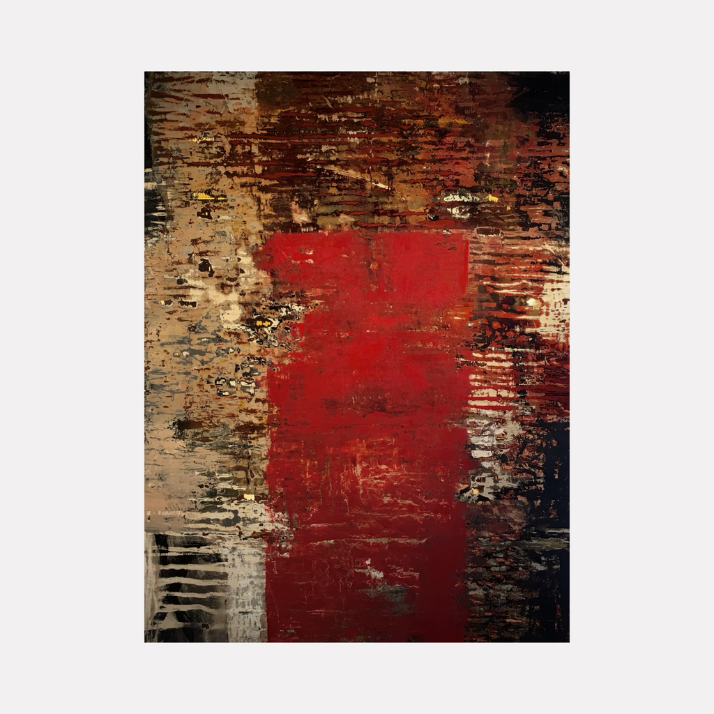 Stria II by Diane Lounsberry-Williams showcases a bold abstract design with textured layers of vibrant red contrasted against earthy browns, warm ochres, and deep blacks. The composition blends rough, stratified patterns with subtle linear accents, evoking a dynamic yet grounded mood through its rich color interplay and tactile surface.