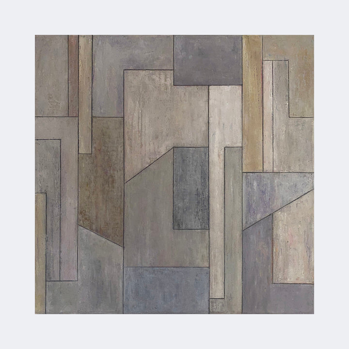 The artwork "Strong Silent Beauty" by Stephen Cimini features a muted color palette with shades of gray, beige, taupe, and soft brown arranged in an abstract geometric composition. The textured surface and overlapping rectangular shapes evoke a style reminiscent of Piet Mondrian’s early works and the subtle earthy tones recall the minimalist abstraction found in works by Paul Klee.