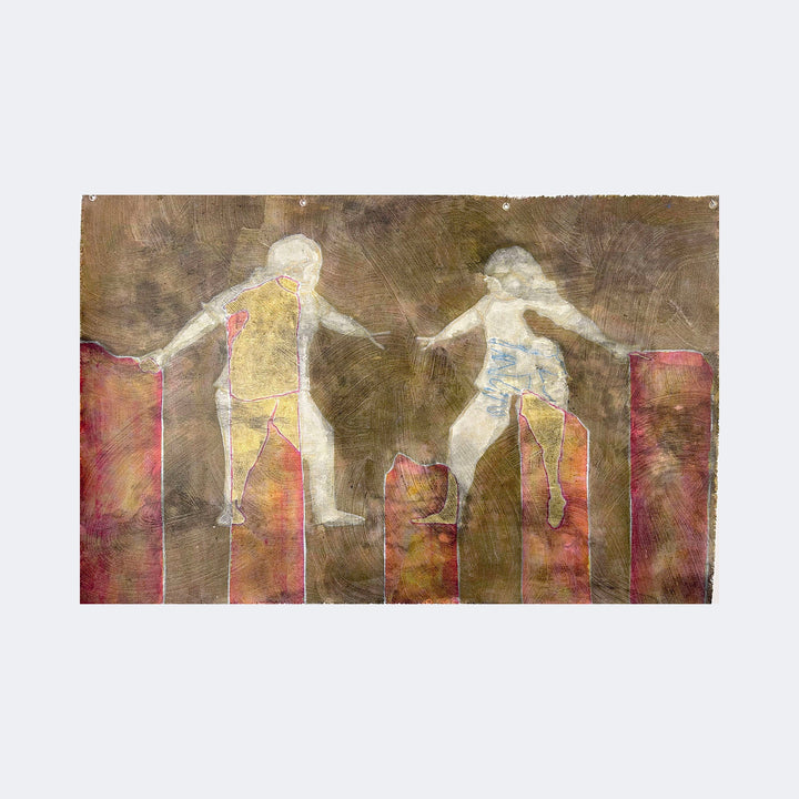 The artwork "Strong as Rocks" by Patrick Bower depicts two translucent, ghostly figures balancing on tall, irregular stone pillars with warm earthy tones and textured surfaces. The background features muted brown and ochre hues with a layered, mottled effect reminiscent of abstract expressionism and the ethereal quality found in works by Alberto Giacometti or Francis Bacon.