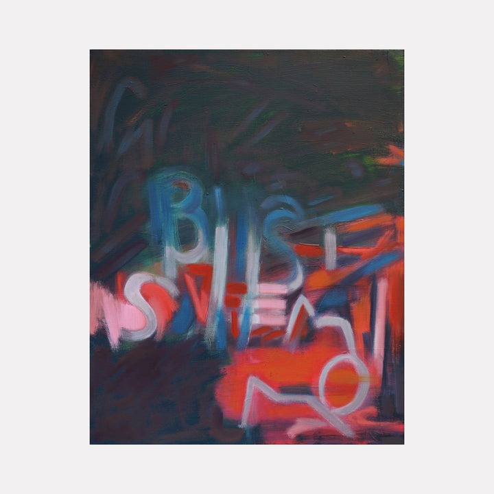 Lily & Friends: Study for Pretty Rotten by Lia Rodi features a moody abstract composition with layered brushstrokes in deep navy, vibrant red, and soft pink hues. The blurred, overlapping shapes and textured surface create a dynamic, expressive interplay that evokes a sense of energy and enigmatic movement.