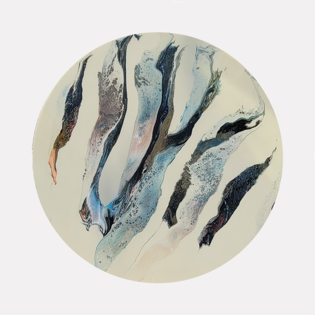 Subtility by Swann Freslon captures elongated flowing streaks in shades of muted blue, soft gray, and subtle black on a creamy background, creating a delicate interplay of movement and texture that evokes an elegant, natural fluidity within a contemporary abstract composition.