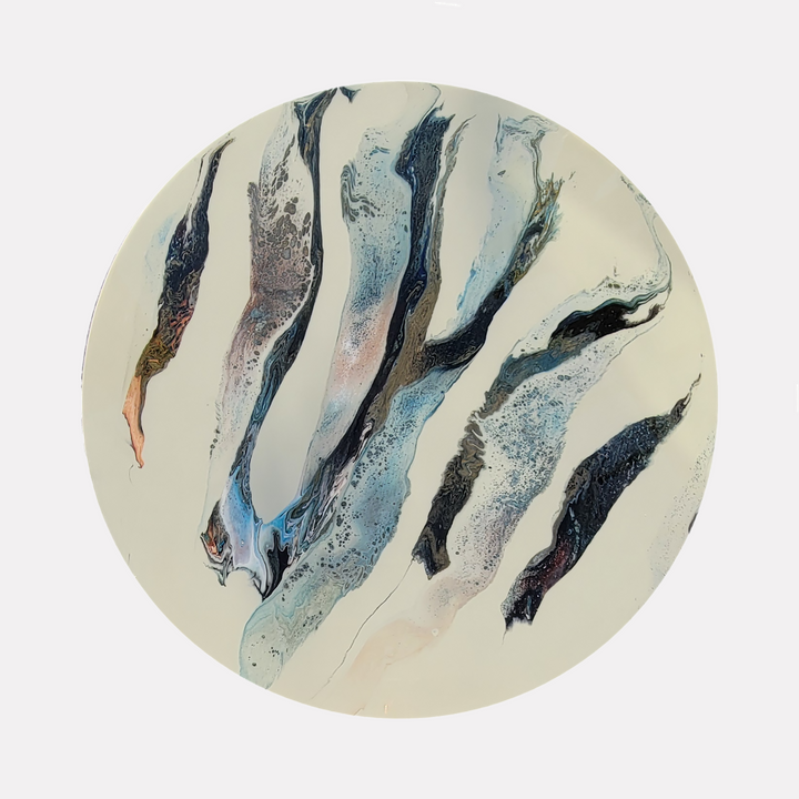 Subtility by Swann Freslon captures elongated flowing streaks in shades of muted blue, soft gray, and subtle black on a creamy background, creating a delicate interplay of movement and texture that evokes an elegant, natural fluidity within a contemporary abstract composition.