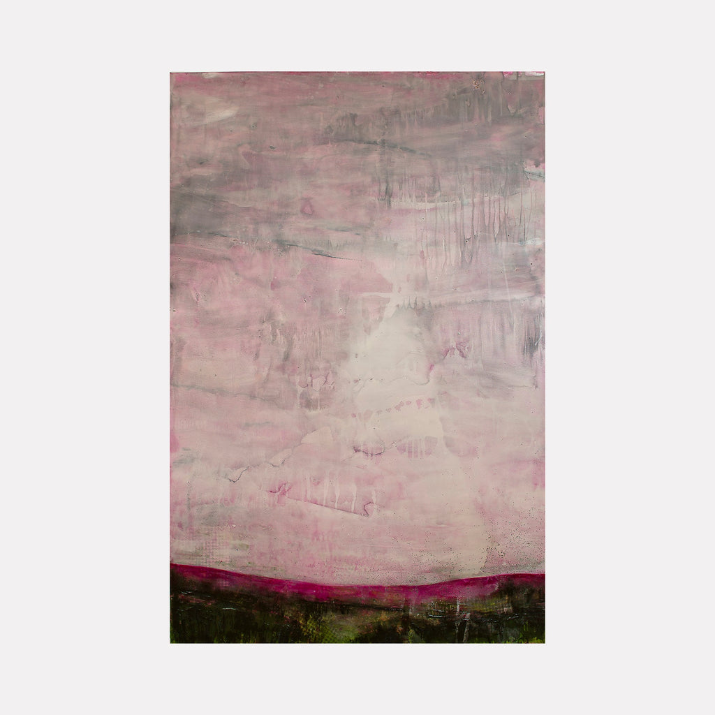 The artwork "Subtle Shift" by Deborah Chaney features a textured blend of soft pinks and muted grays, evoking an atmospheric and contemplative mood. The composition includes abstract horizontal layers with a dark olive-green band at the bottom, reminiscent of Mark Rothko’s color field paintings and Gerhard Richter’s blurred textures, creating a serene yet dynamic visual experience.