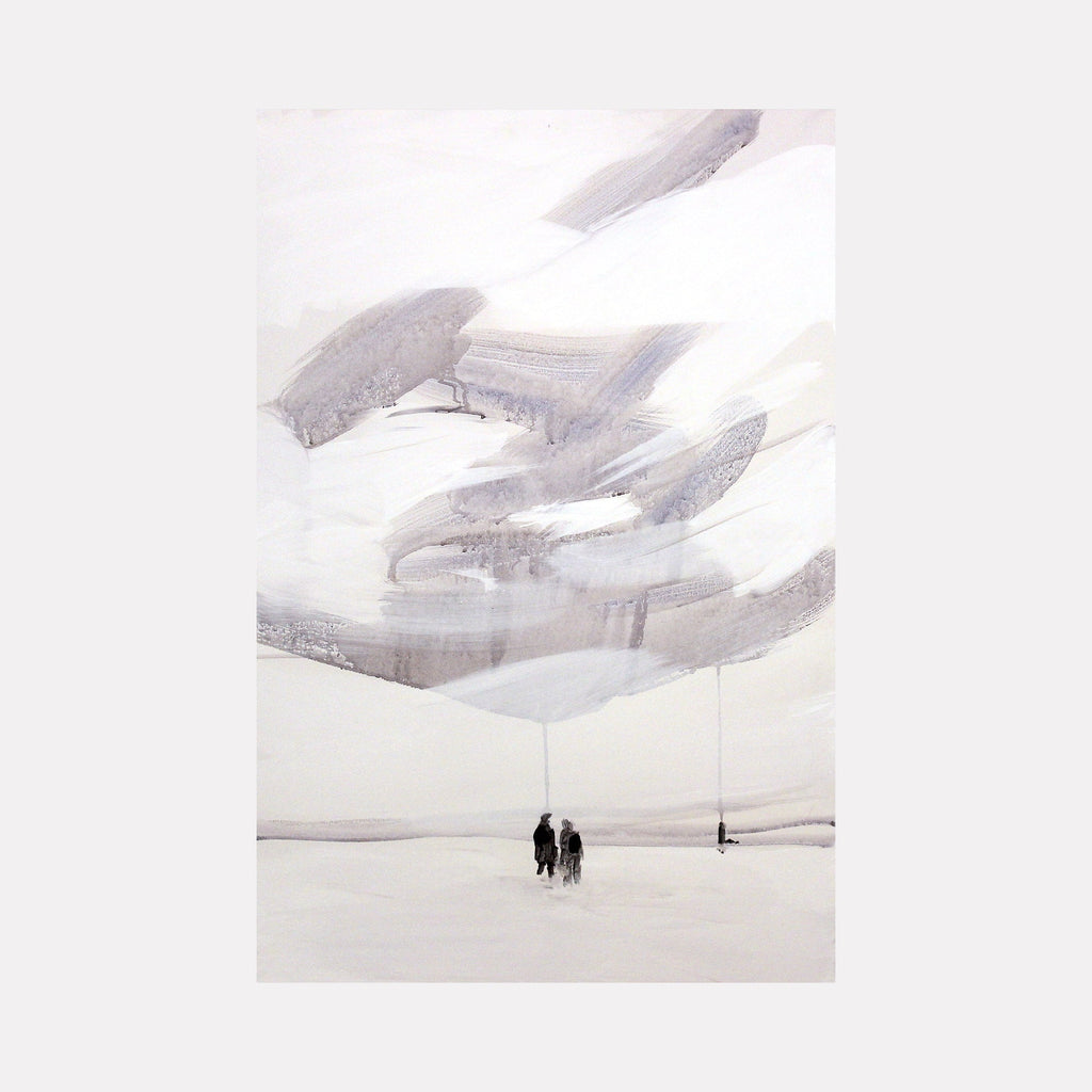 The artwork "Suburban Wilderness" by Chris Baily features a minimalist monochrome composition with soft, flowing gray and black brushstrokes against a white background. Two small silhouetted figures stand beneath expansive, cloud-like forms, evoking a serene, contemplative mood reminiscent of the atmospheric landscapes by Agnes Martin and Hiroshi Sugimoto.