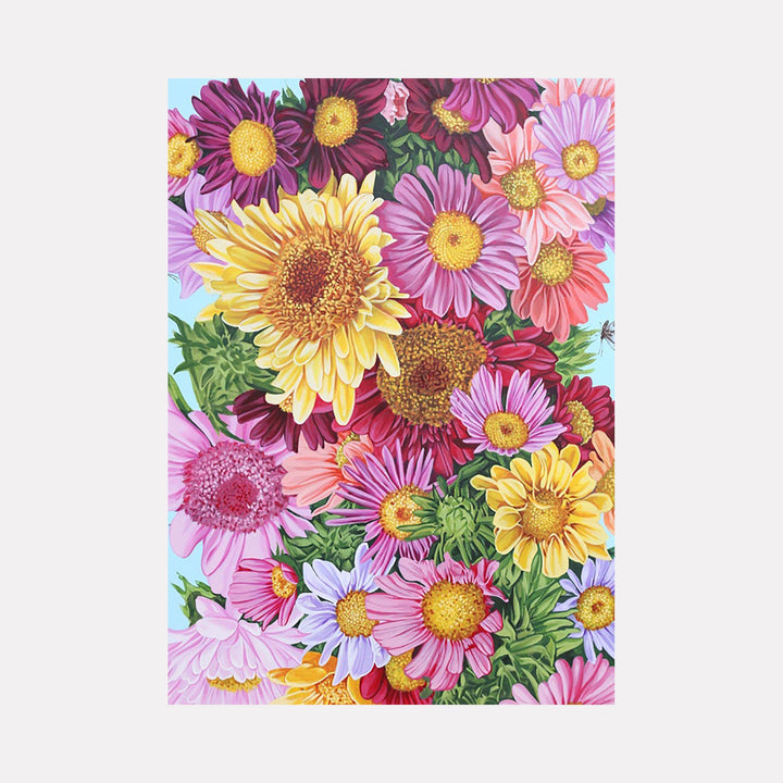 The artwork "Sun" by Carlos Gamez de Francisco features a vibrant and detailed bouquet of flowers, including large yellow sunflowers and various daisies in shades of pink, purple, and red. The composition highlights lush green leaves and a soft blue background, emphasizing a bright, lively, and textured floral arrangement. Carlos Gamez de Francisco.