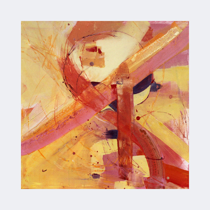 The artwork "Sun Dance" by Carla Forrest features an abstract composition with dynamic intersecting lines and shapes in warm tones of orange, red, and yellow, accented by softer pink and beige areas. The textured brushstrokes and energetic layering evoke a style reminiscent of Wassily Kandinsky’s vibrant abstractions and Franz Kline’s bold forms.