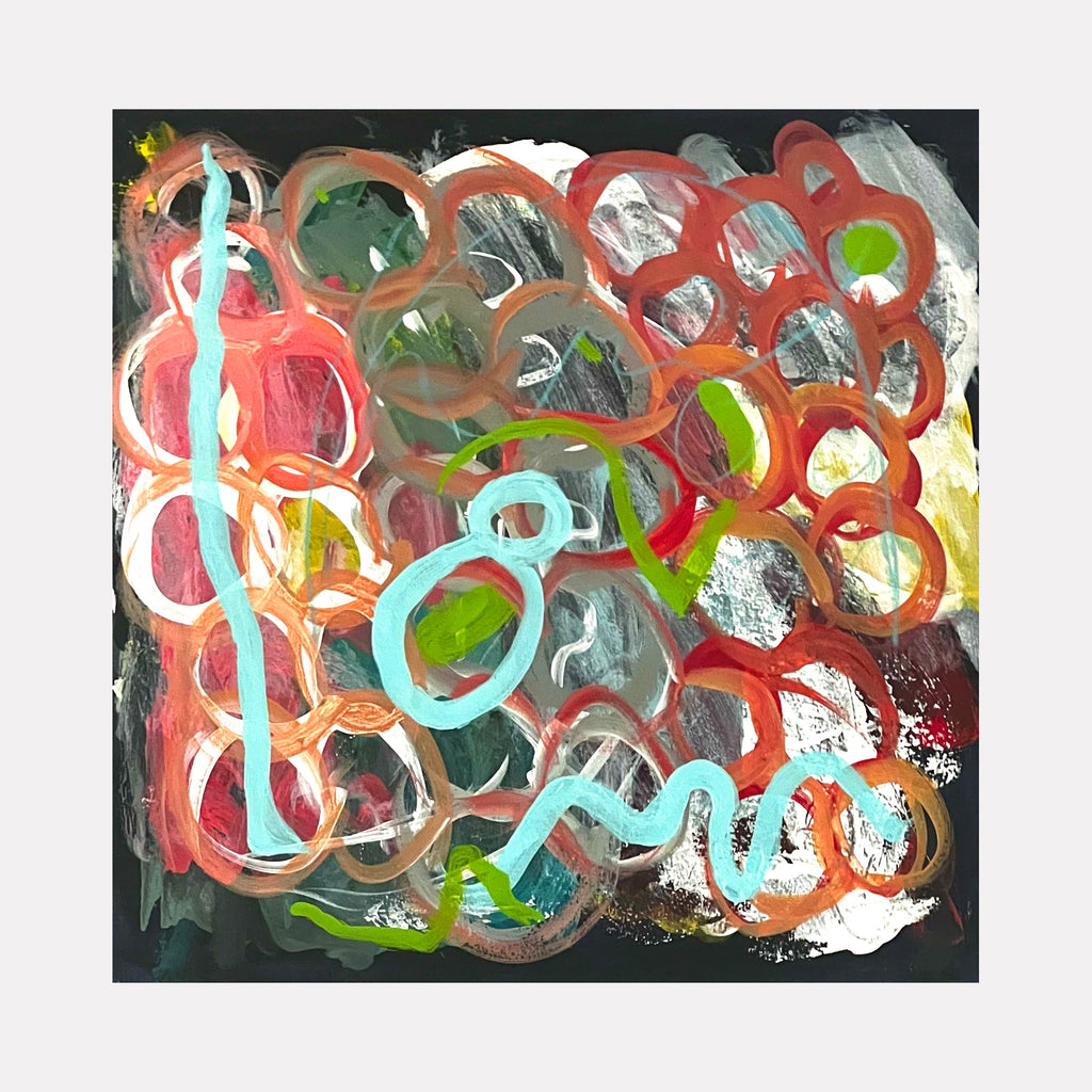 The artwork "Eight" by Sunny Chapman features an abstract arrangement of looping and overlapping circular and curvilinear shapes in vibrant oranges, reds, soft blues, and greens against a dark, textured background. The layered brushstrokes and dynamic forms evoke the playful abstraction of Joan Miró and the energetic spontaneity of Cy Twombly.