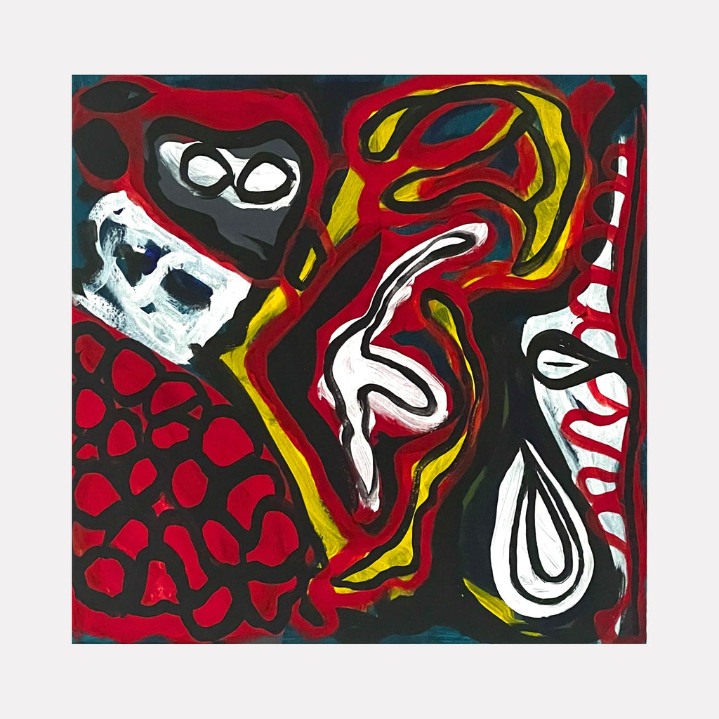 The artwork "Eye:Eyes" by Sunny Chapman features an abstract composition with bold shapes and vivid reds, blacks, whites, and yellows. Organic and geometric forms intertwine with dynamic brushstrokes, evoking the expressive abstraction and graphic intensity found in works by Jean Dubuffet and early Picasso.
