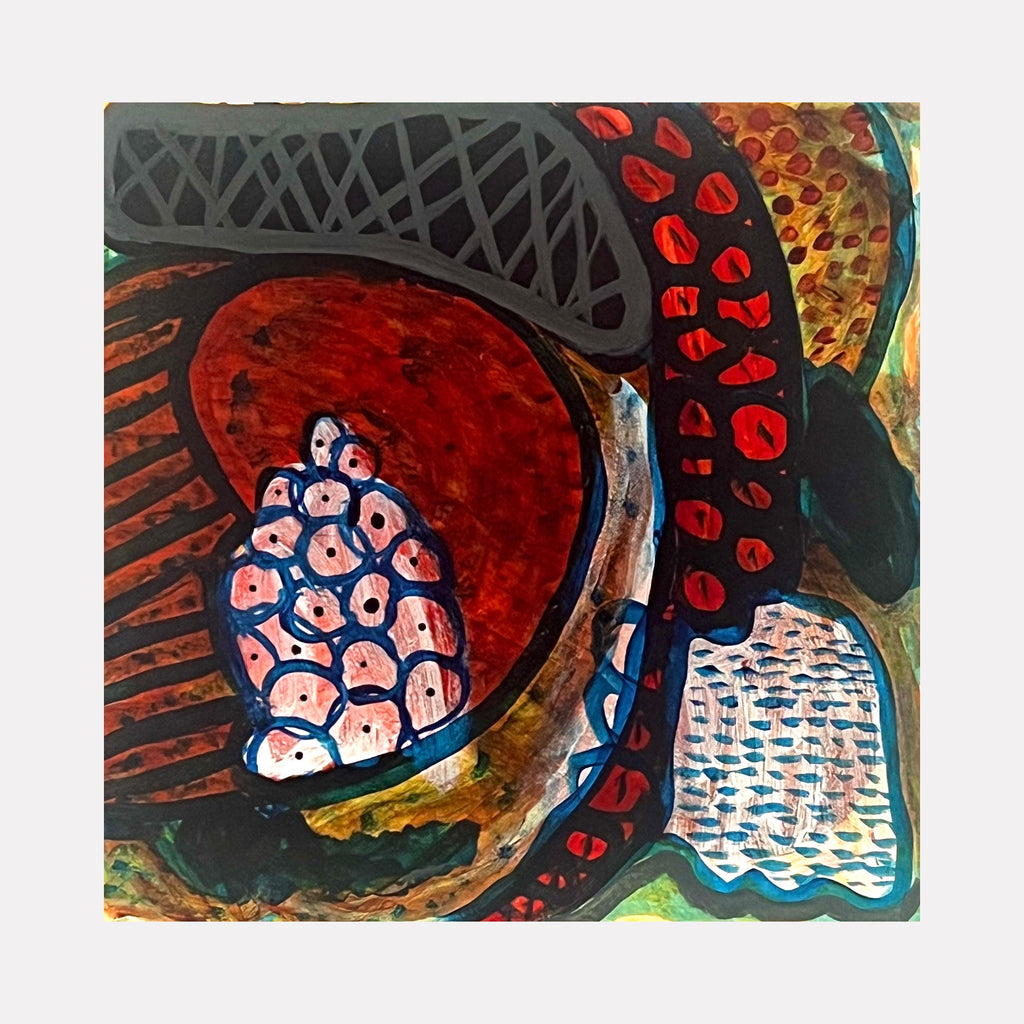 The artwork "Fields" by Sunny Chapman features an abstract composition with bold organic shapes in rich reds, deep blacks, and muted earth tones. Textured layering and patterned brushstrokes create dynamic movement, evoking the energetic abstraction of Joan Miró and the tactile qualities found in works by Jean Dubuffet.