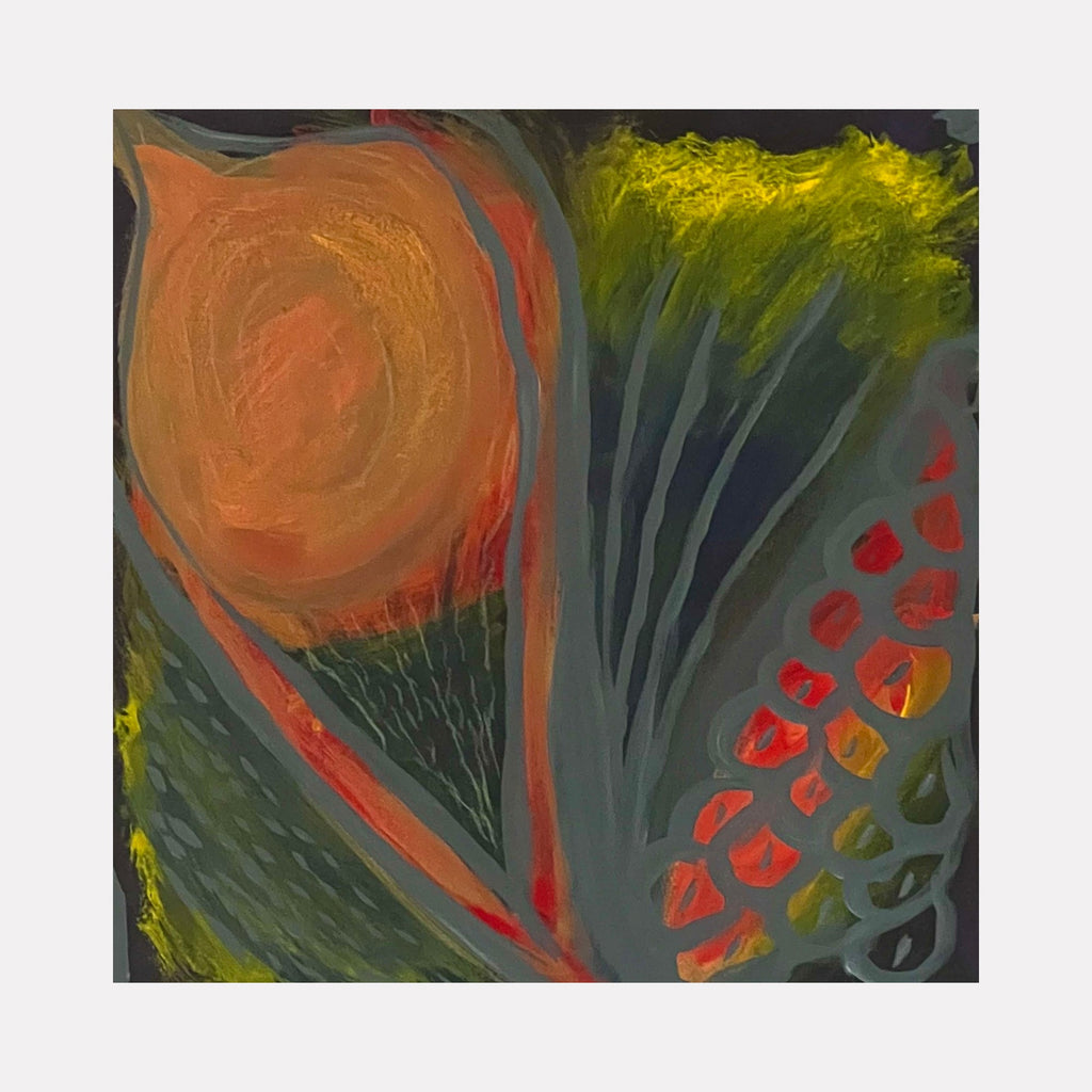 The artwork "Flower Garden" by Sunny Chapman features an abstract composition with bold organic shapes in shades of orange, green, and yellow set against a dark background. Textured brushstrokes and layered forms evoke a vibrant, dynamic energy reminiscent of works by Joan Miró and Helen Frankenthaler.