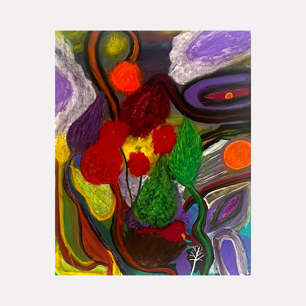The artwork "Flower Trees" by Sunny Chapman features an abstract composition of organic shapes resembling foliage and blooms in vibrant reds, greens, and purples set against a dark, swirling background. Layered textures and fluid lines evoke a sense of depth and movement, reminiscent of the expressive abstraction found in works by Wassily Kandinsky and Joan Miró.