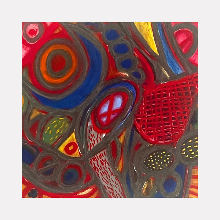 The artwork "Funhouse" by Sunny Chapman features an abstract composition with layered organic and geometric shapes in bold reds, blues, oranges, and yellows. Textured brushstrokes and intricate patterns create a lively, dynamic effect reminiscent of the vibrant abstraction found in works by Joan Miró and Wassily Kandinsky.