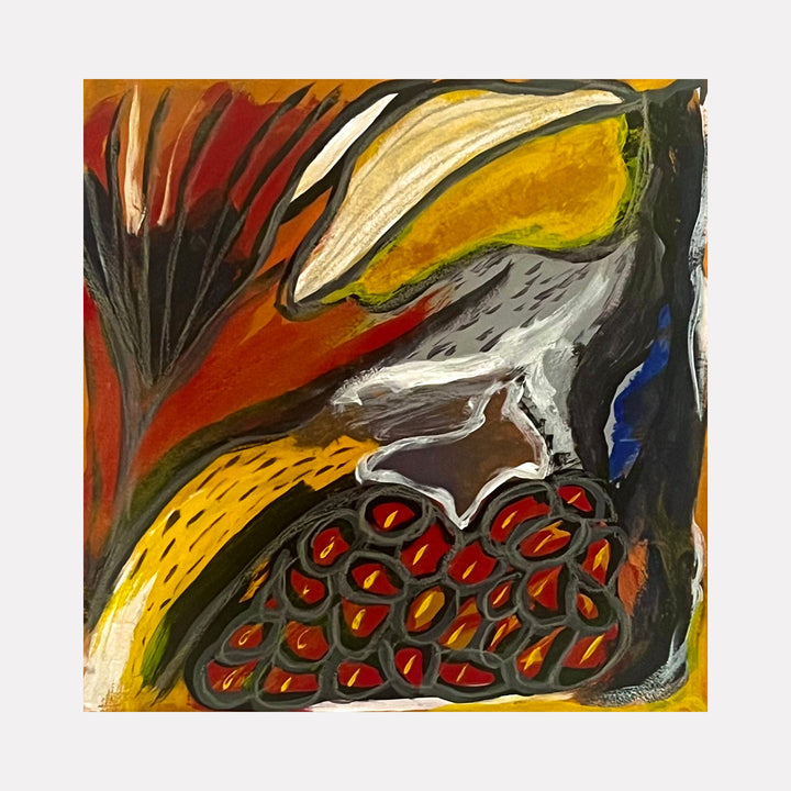 The artwork "Garden Stream" by Sunny Chapman features an abstract composition with flowing organic shapes in warm tones of orange, yellow, and red contrasted by dark grays and blacks. Textured brushstrokes and layered forms evoke a sense of natural movement, reminiscent of the expressive abstraction found in works by Joan Miró and Helen Frankenthaler.